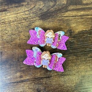 Handcrafted Princess Girls' Pink Glitter Doll Bow Hair Clips - Set of 2
